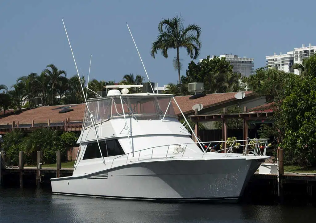 Aa recreational boat parked at a dock in Southern California